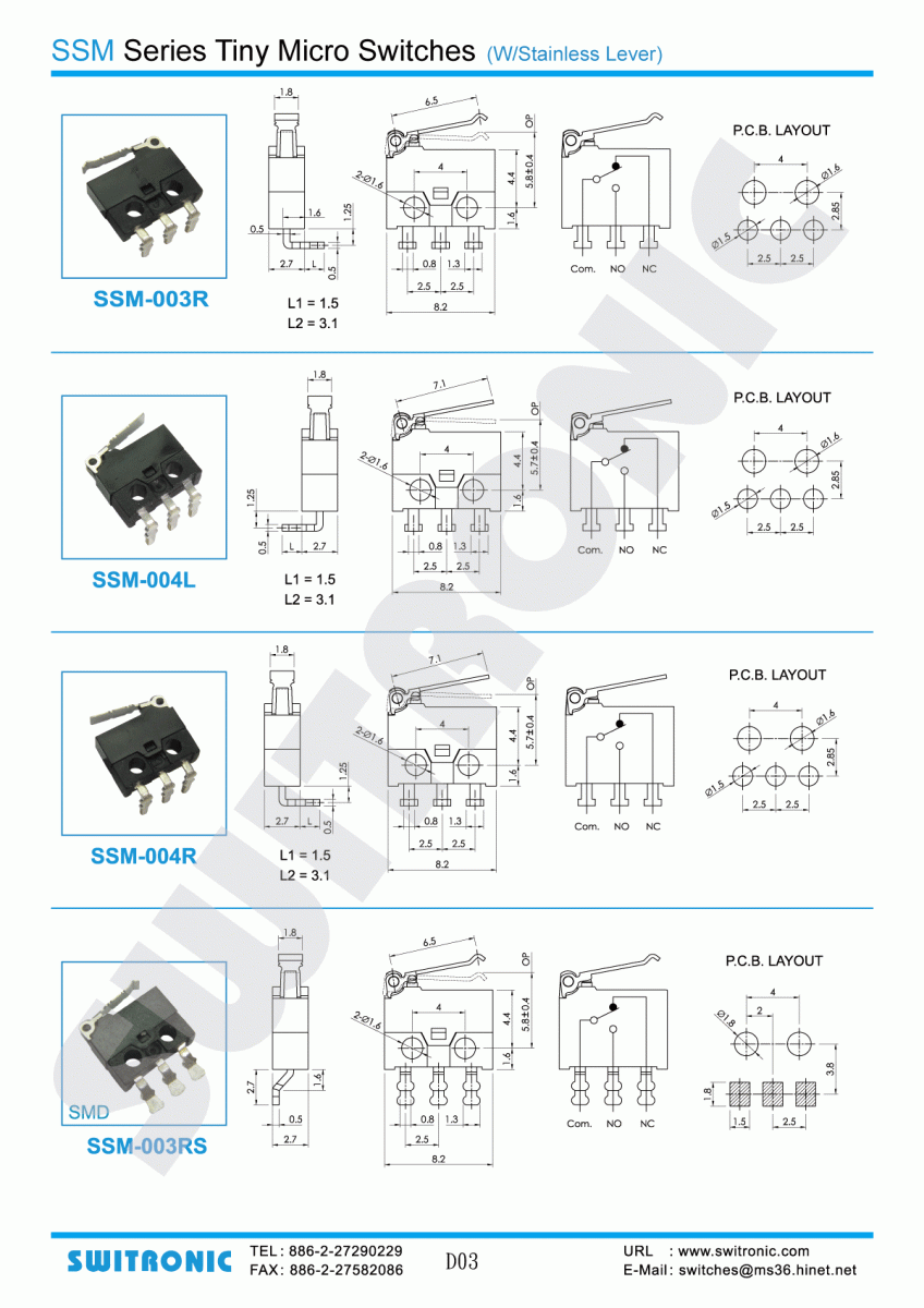 SSM Series Tiny Micro Swith (W/Stainless Lever)