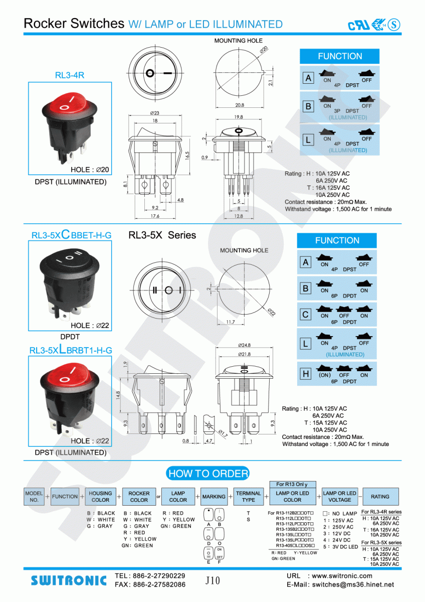 Rocker Switch DPST/DPDT W/LAMP LED Illuminated